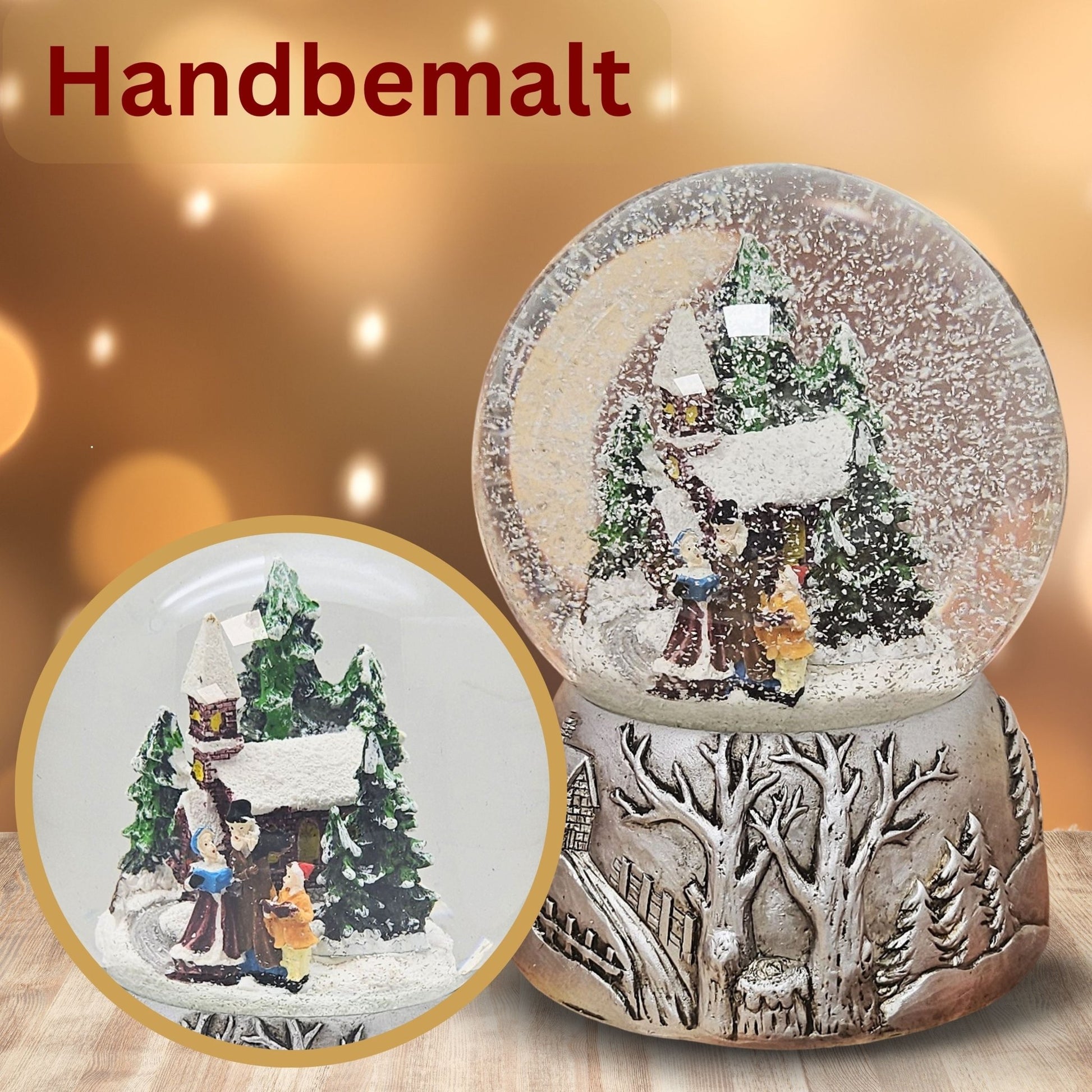Nostalgische Schneekugel Weihnachtsspaziergang auf Silber Landschaft 100 mm Durchmesser mit Spieluhr - Schneekugelhaus