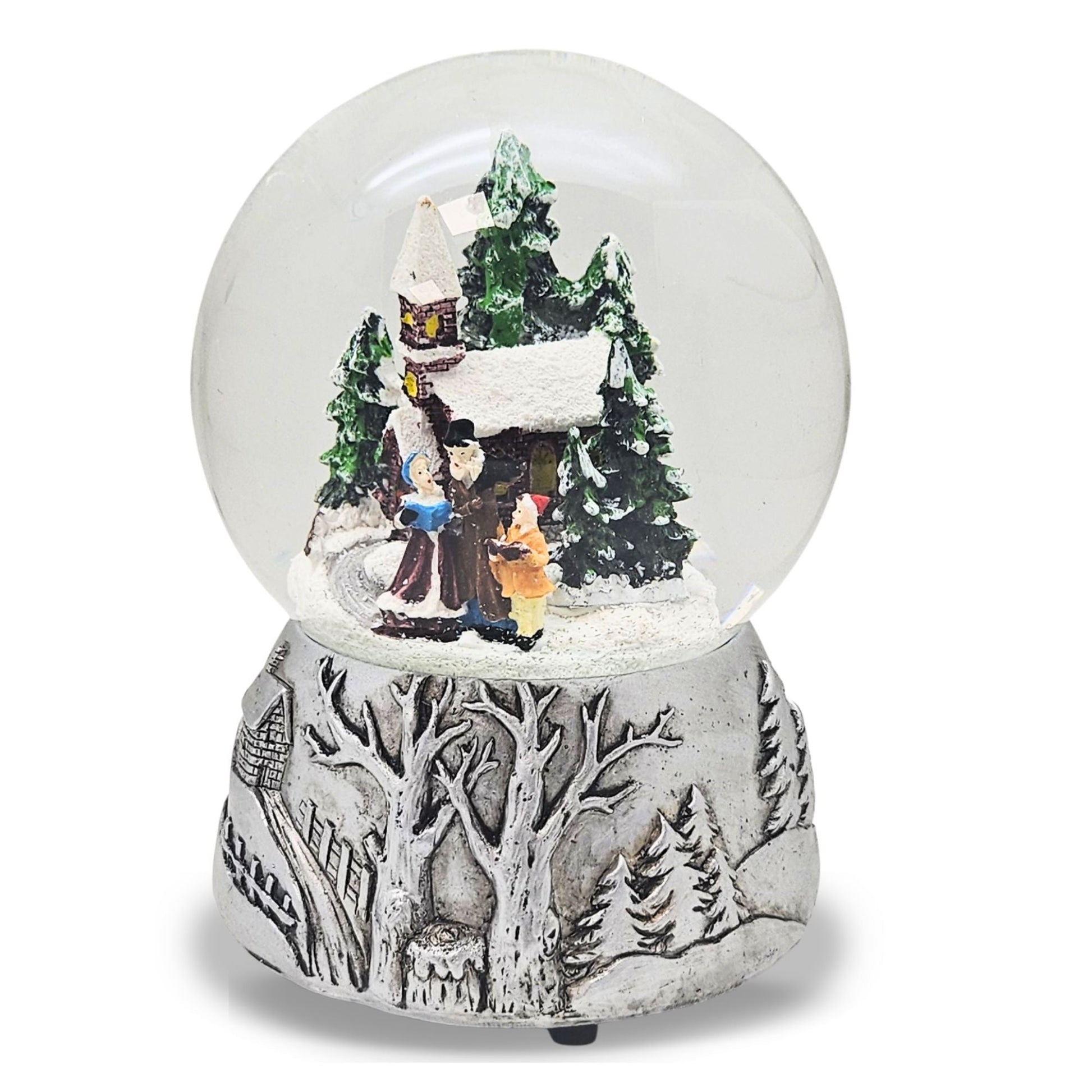 Nostalgische Schneekugel Weihnachtsspaziergang auf Silber Landschaft 100 mm Durchmesser mit Spieluhr - Schneekugelhaus