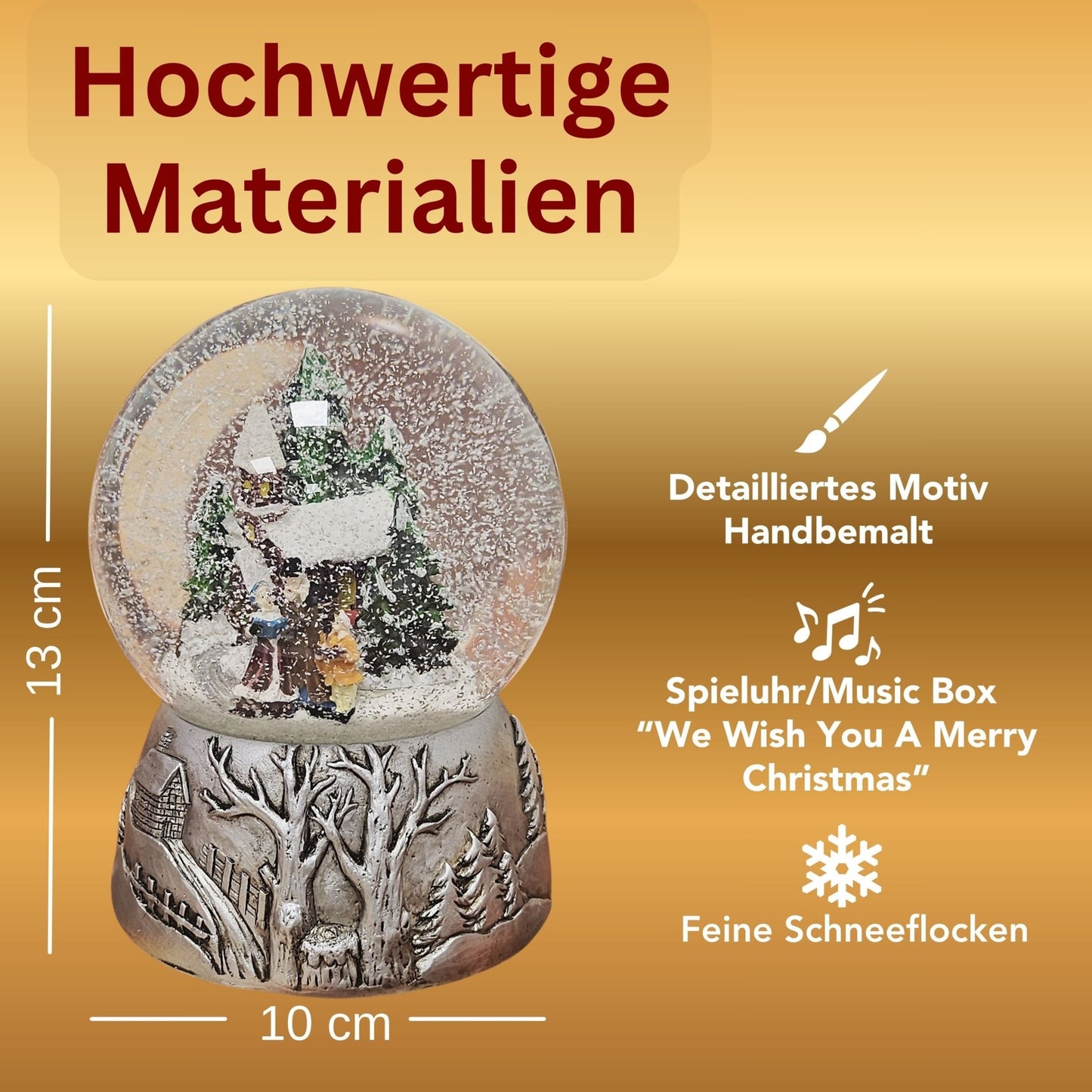 Nostalgische Schneekugel Weihnachtsspaziergang auf Silber Landschaft 100 mm Durchmesser mit Spieluhr - Schneekugelhaus