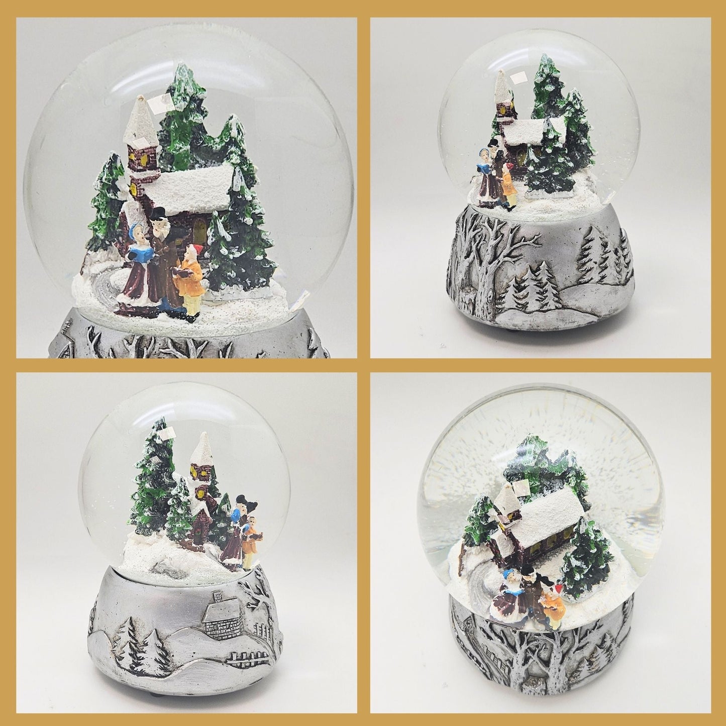 Nostalgische Schneekugel Weihnachtsspaziergang auf Silber Landschaft 100 mm Durchmesser mit Spieluhr - Schneekugelhaus