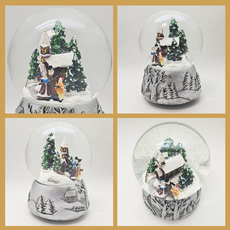 Nostalgische Schneekugel Weihnachtsspaziergang auf Silber Landschaft 100 mm Durchmesser mit Spieluhr - Schneekugelhaus