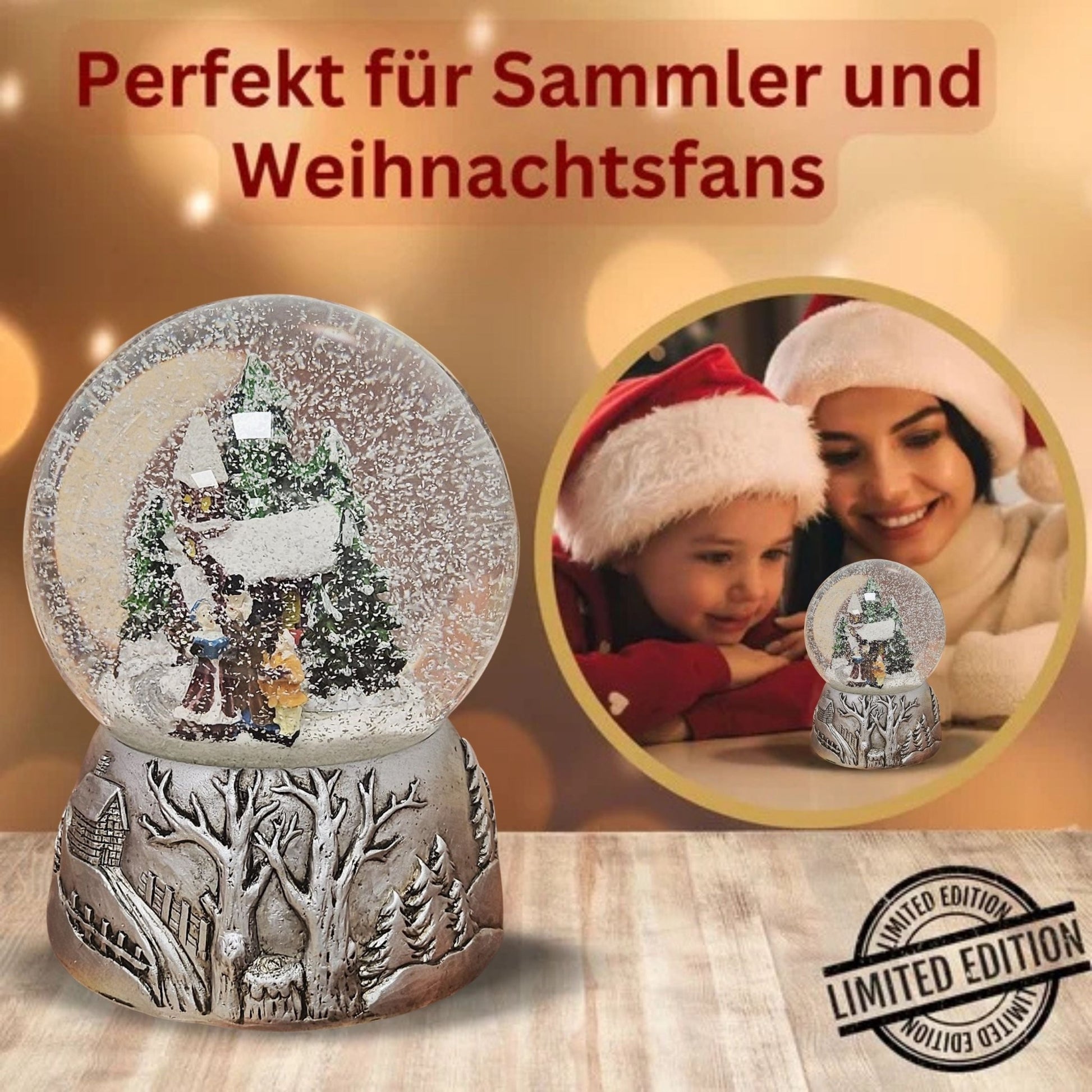 Nostalgische Schneekugel Weihnachtsspaziergang auf Silber Landschaft 100 mm Durchmesser mit Spieluhr - Schneekugelhaus