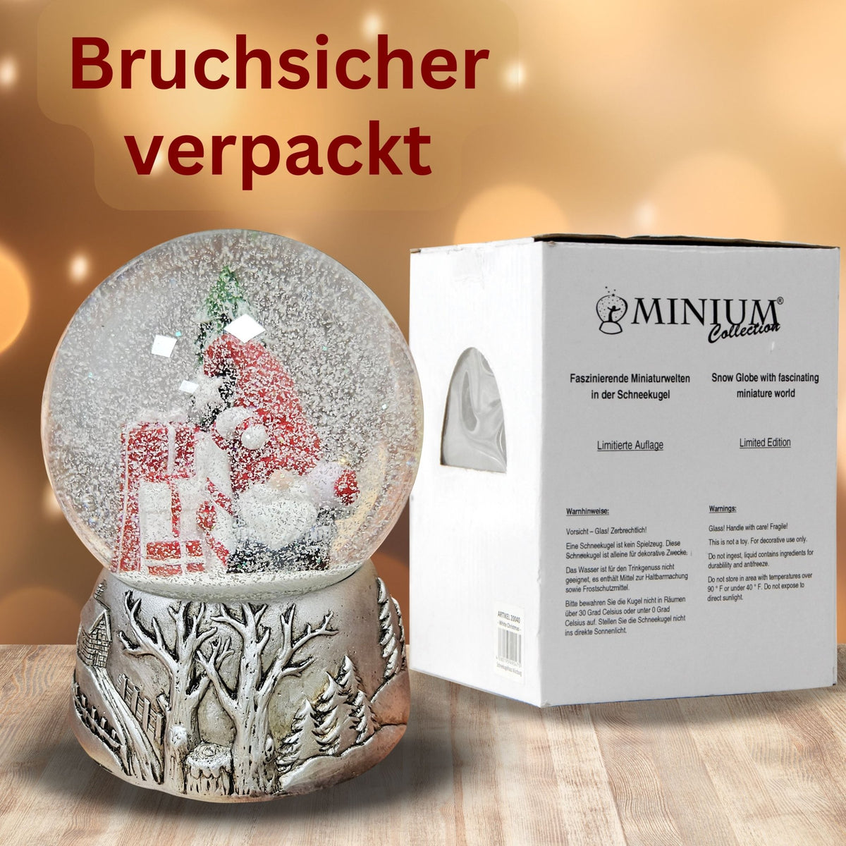 Nostalgische Schneekugel Weihnachtswichtel Silber Landschaft 100 mm Durchmesser mit Spieluhr - Schneekugelhaus