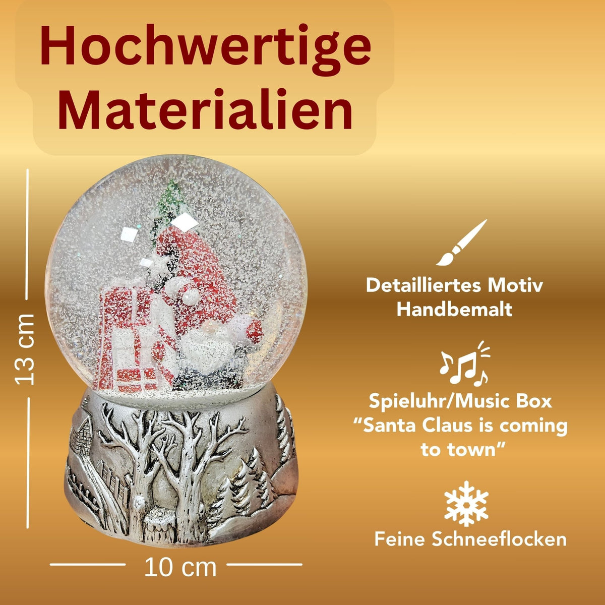 Nostalgische Schneekugel Weihnachtswichtel Silber Landschaft 100 mm Durchmesser mit Spieluhr - Schneekugelhaus