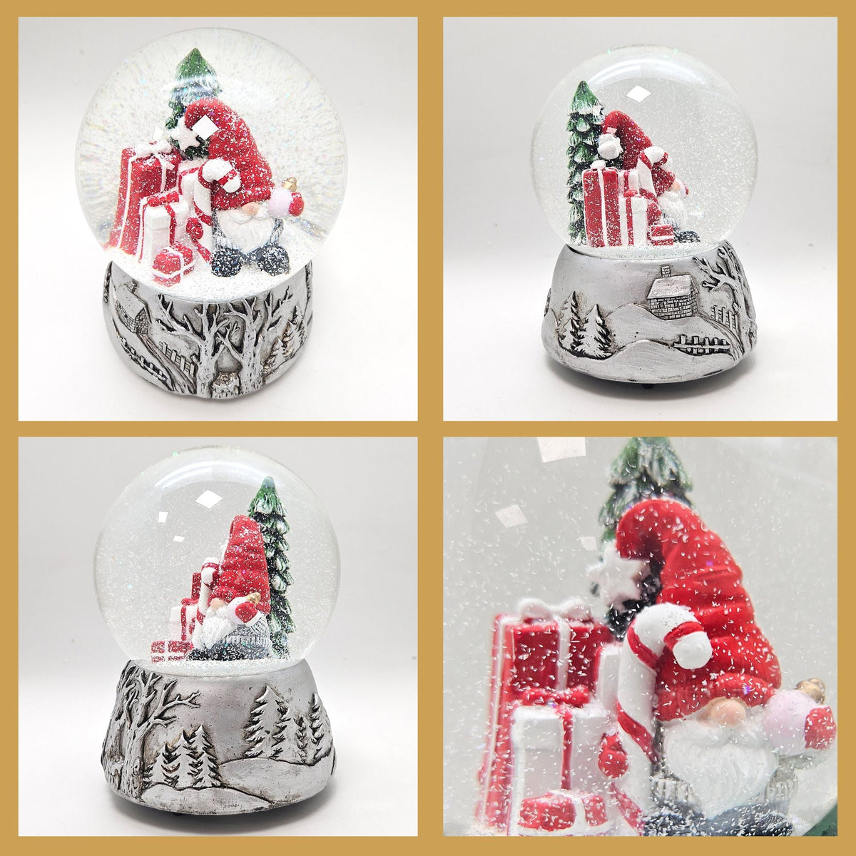 Nostalgische Schneekugel Weihnachtswichtel Silber Landschaft 100 mm Durchmesser mit Spieluhr - Schneekugelhaus