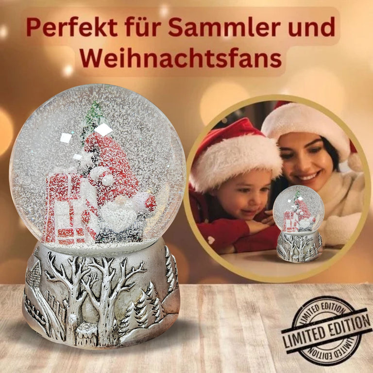 Nostalgische Schneekugel Weihnachtswichtel Silber Landschaft 100 mm Durchmesser mit Spieluhr - Schneekugelhaus