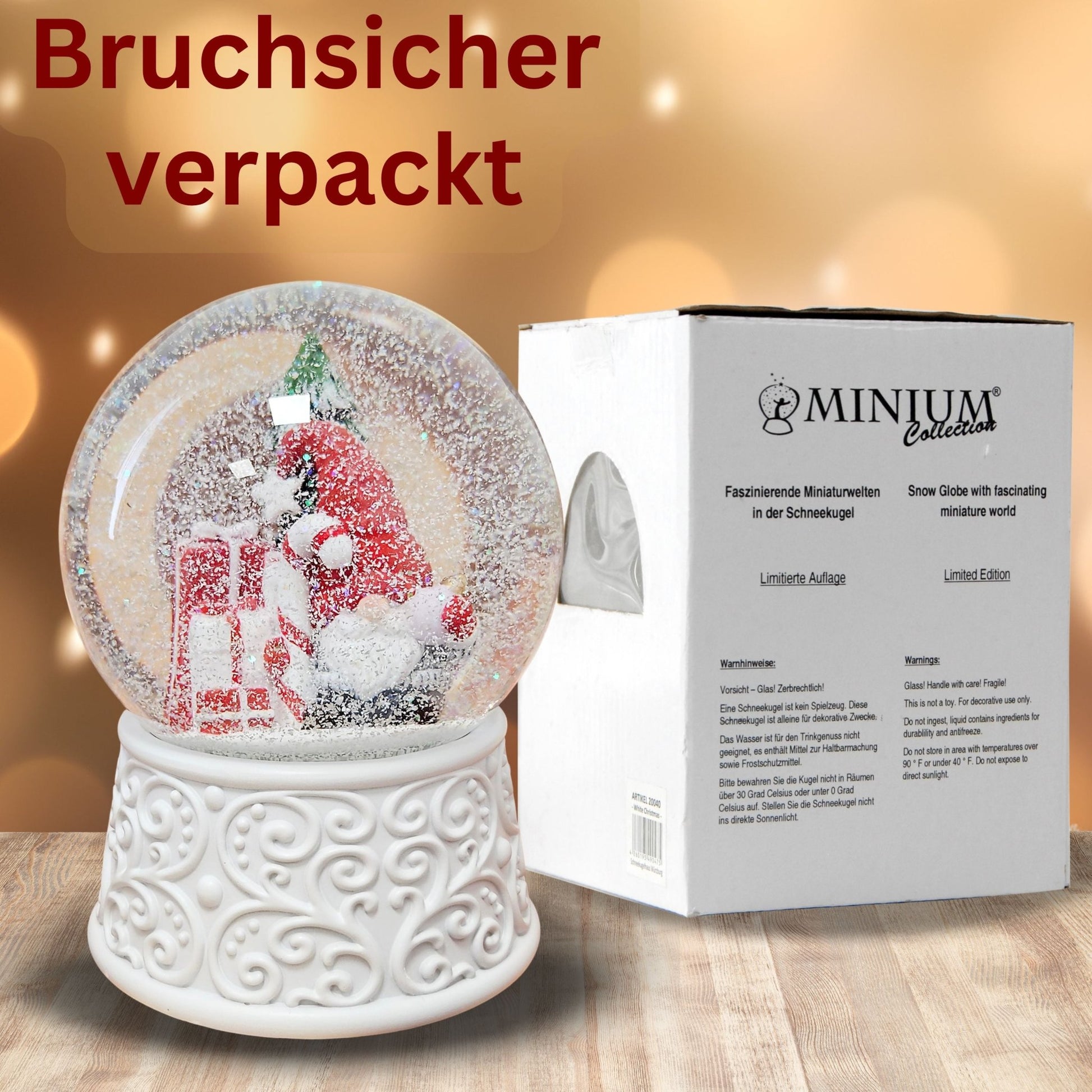 Nostalgische Schneekugel Wichtel rot auf Ornamente 100 mm Durchmesser mit Spieluhr - Schneekugelhaus