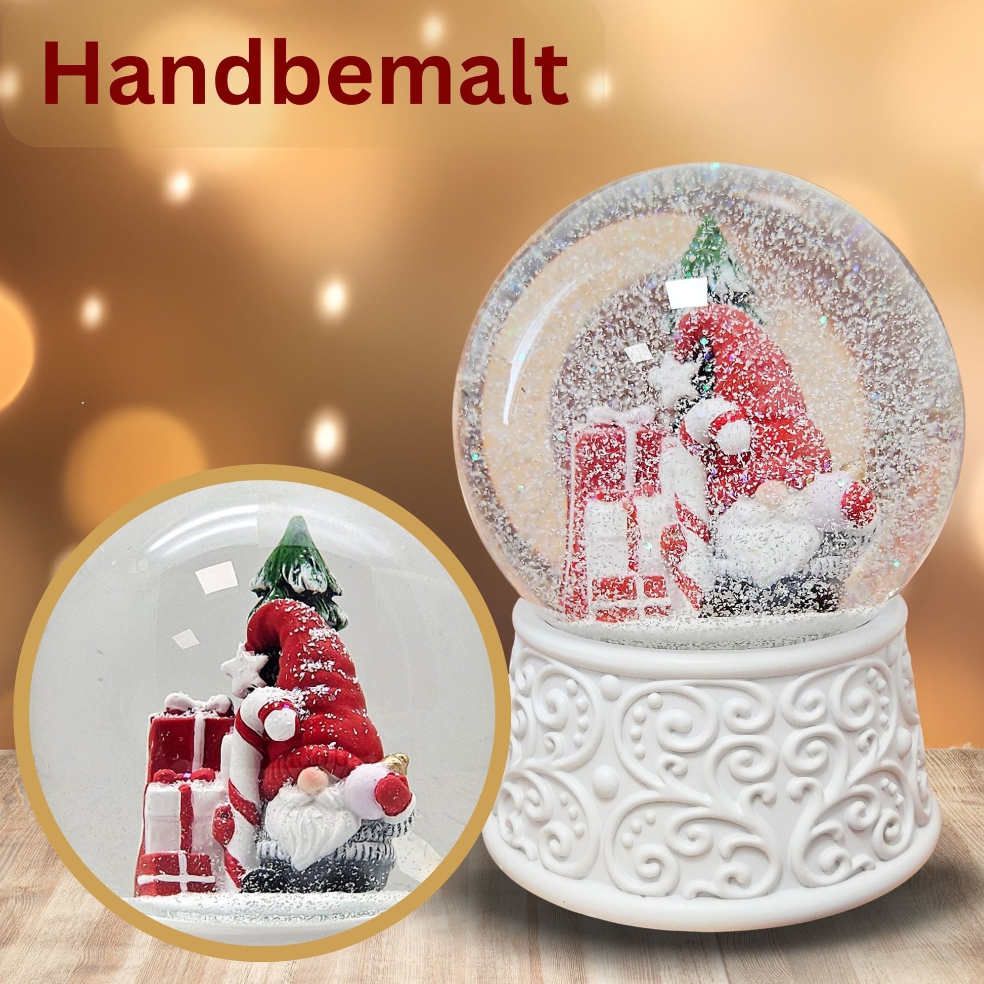 Nostalgische Schneekugel Wichtel rot auf Ornamente 100 mm Durchmesser mit Spieluhr - Schneekugelhaus