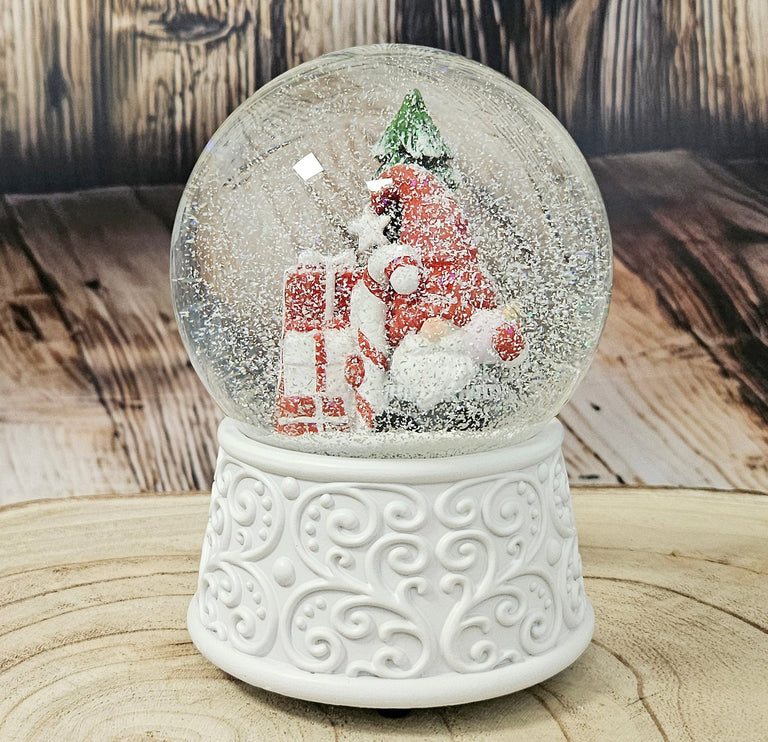 Nostalgische Schneekugel Wichtel rot auf Ornamente 100 mm Durchmesser mit Spieluhr - Schneekugelhaus