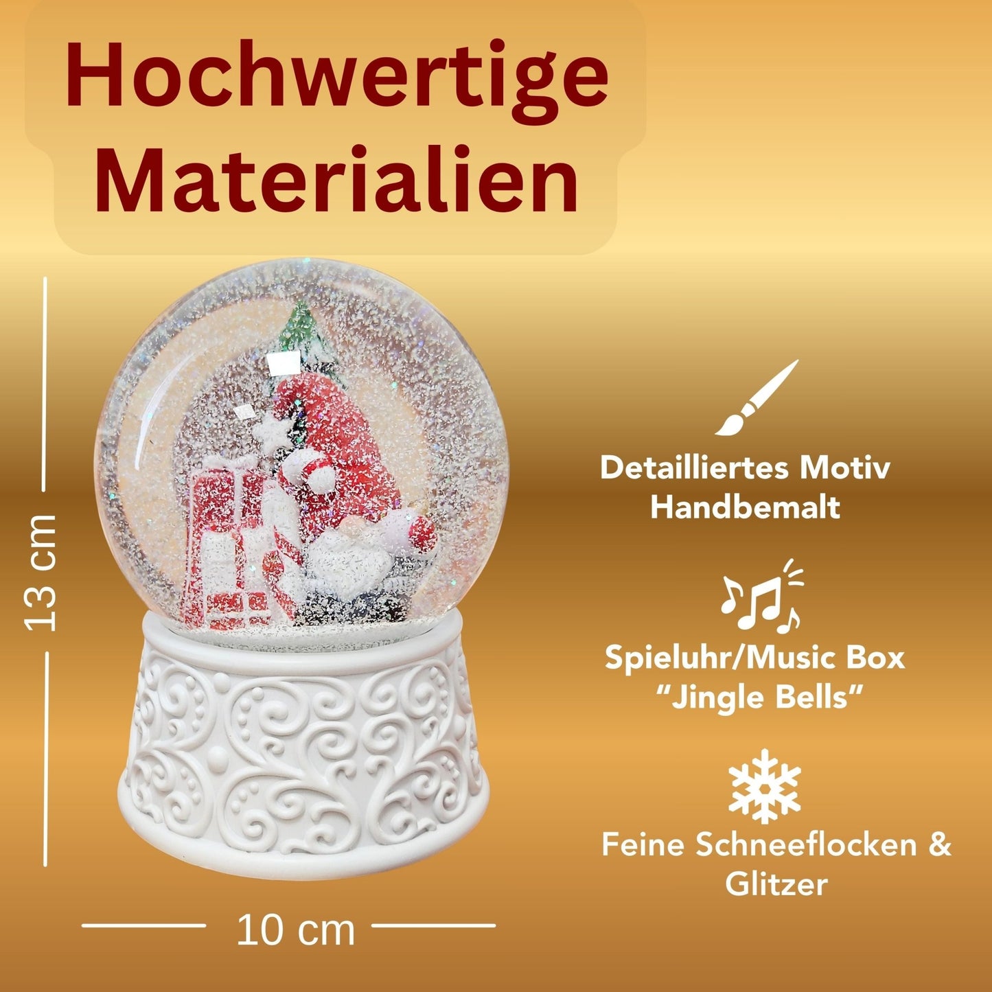 Nostalgische Schneekugel Wichtel rot auf Ornamente 100 mm Durchmesser mit Spieluhr - Schneekugelhaus