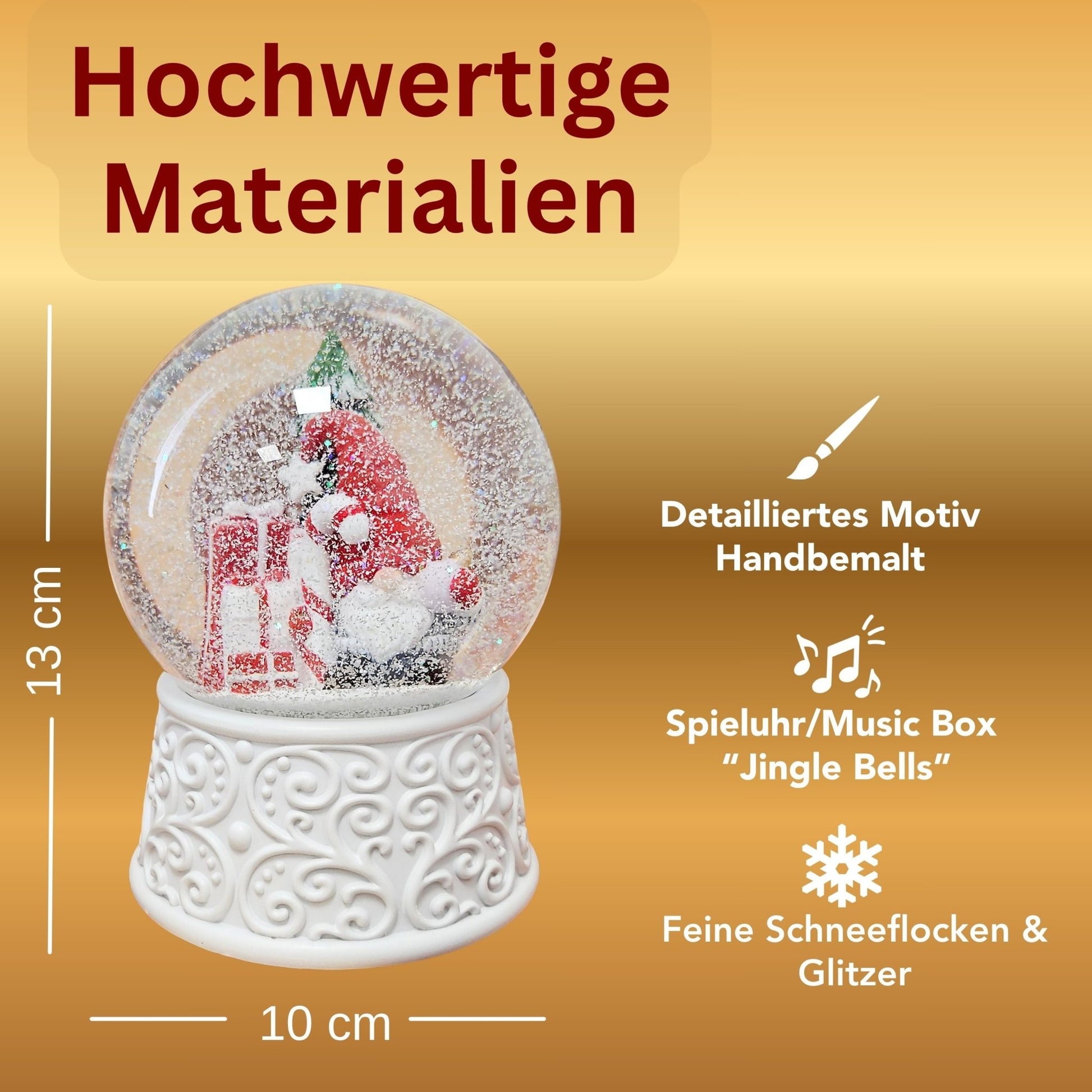 Nostalgische Schneekugel Wichtel rot auf Ornamente 100 mm Durchmesser mit Spieluhr - Schneekugelhaus