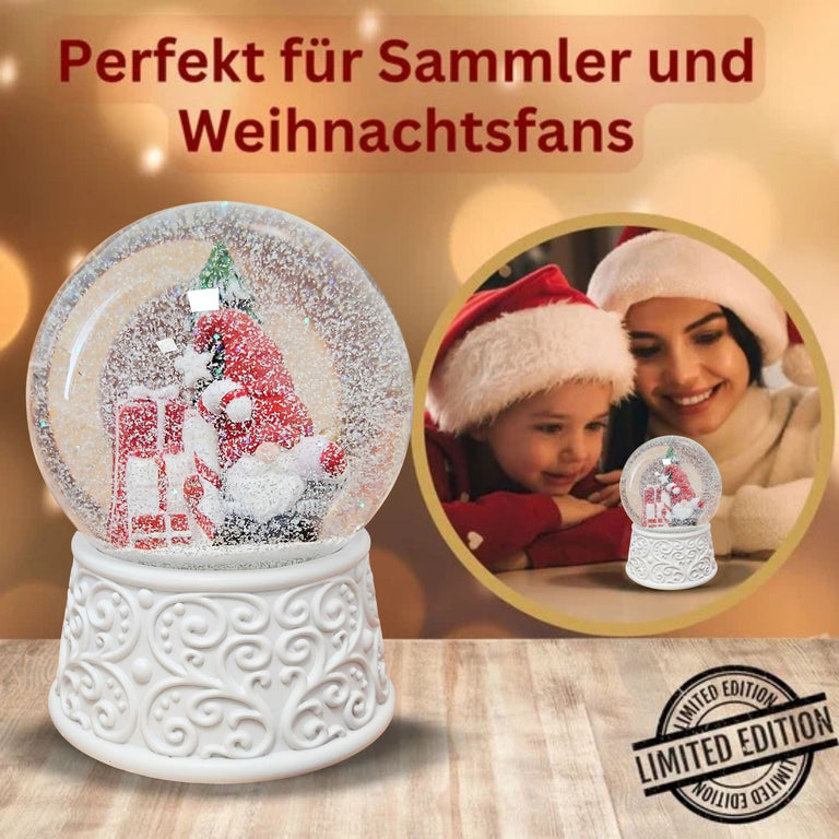 Nostalgische Schneekugel Wichtel rot auf Ornamente 100 mm Durchmesser mit Spieluhr - Schneekugelhaus