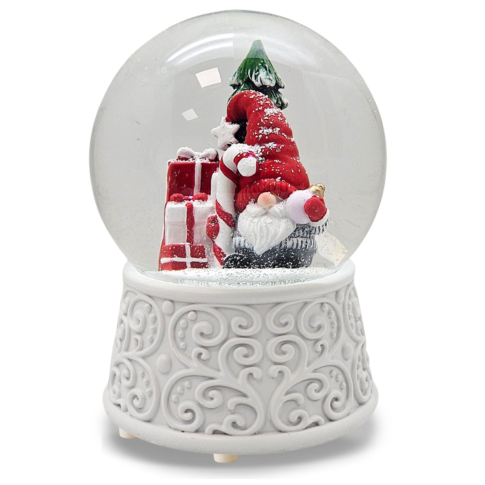Nostalgische Schneekugel Wichtel rot auf Ornamente 100 mm Durchmesser mit Spieluhr - Schneekugelhaus
