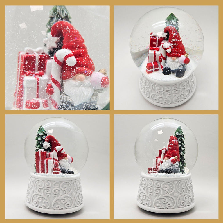 Nostalgische Schneekugel Wichtel rot auf Ornamente 100 mm Durchmesser mit Spieluhr - Schneekugelhaus