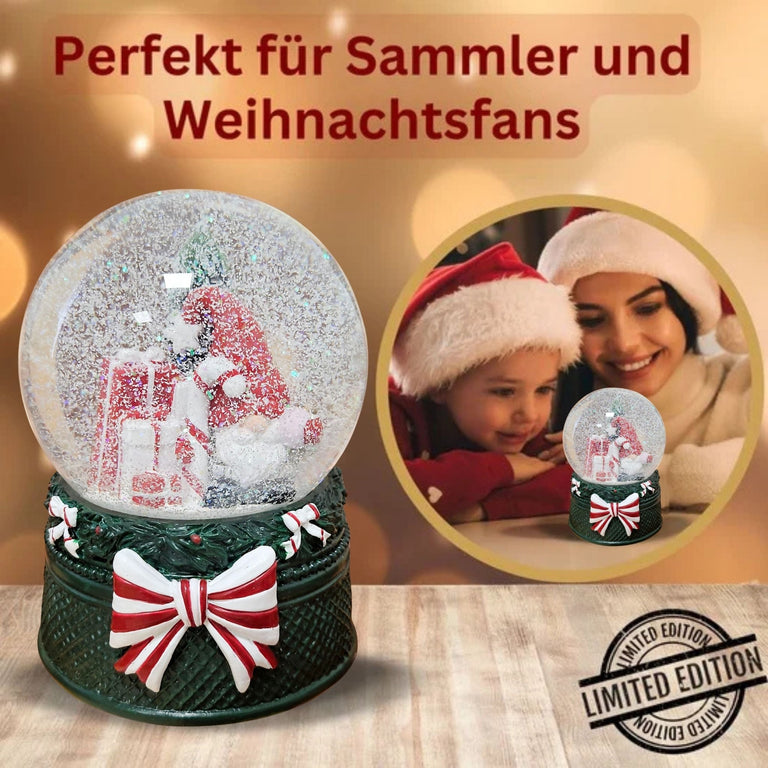 Nostalgische Schneekugel Wichtel rot auf Weihnachtsdekor grün 100 mm Durchmesser mit Spieluhr - Schneekugelhaus