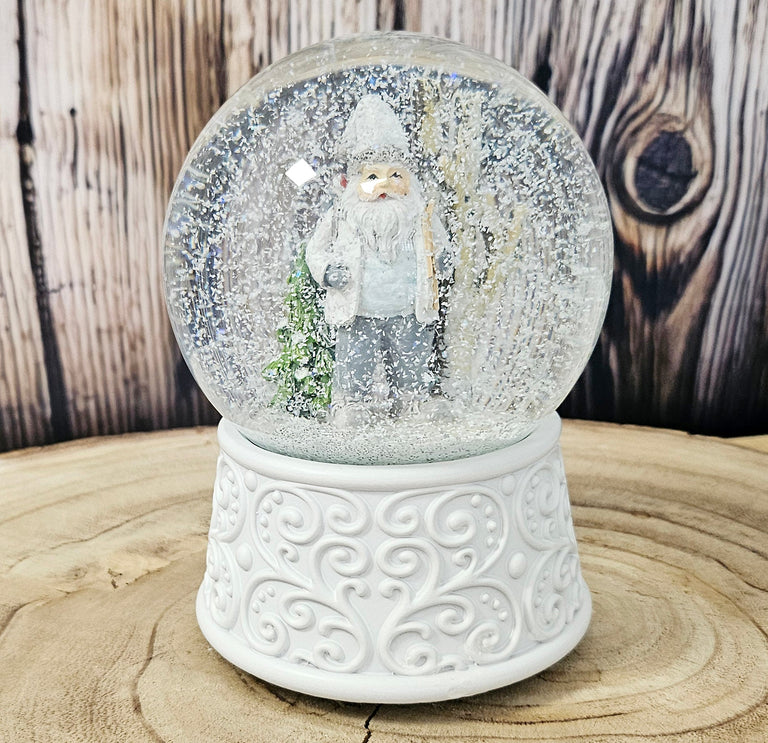 Nostalgische Schneekugel Wichtel weiß grau auf Ornamente 100 mm Durchmesser mit Spieluhr - Schneekugelhaus