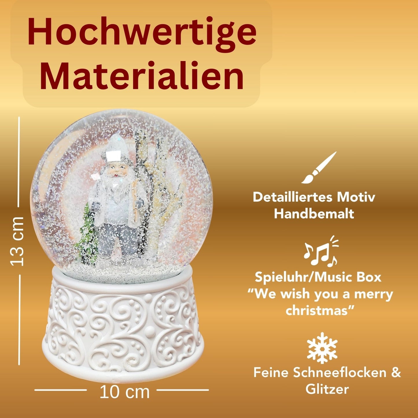 Nostalgische Schneekugel Wichtel weiß grau auf Ornamente 100 mm Durchmesser mit Spieluhr - Schneekugelhaus
