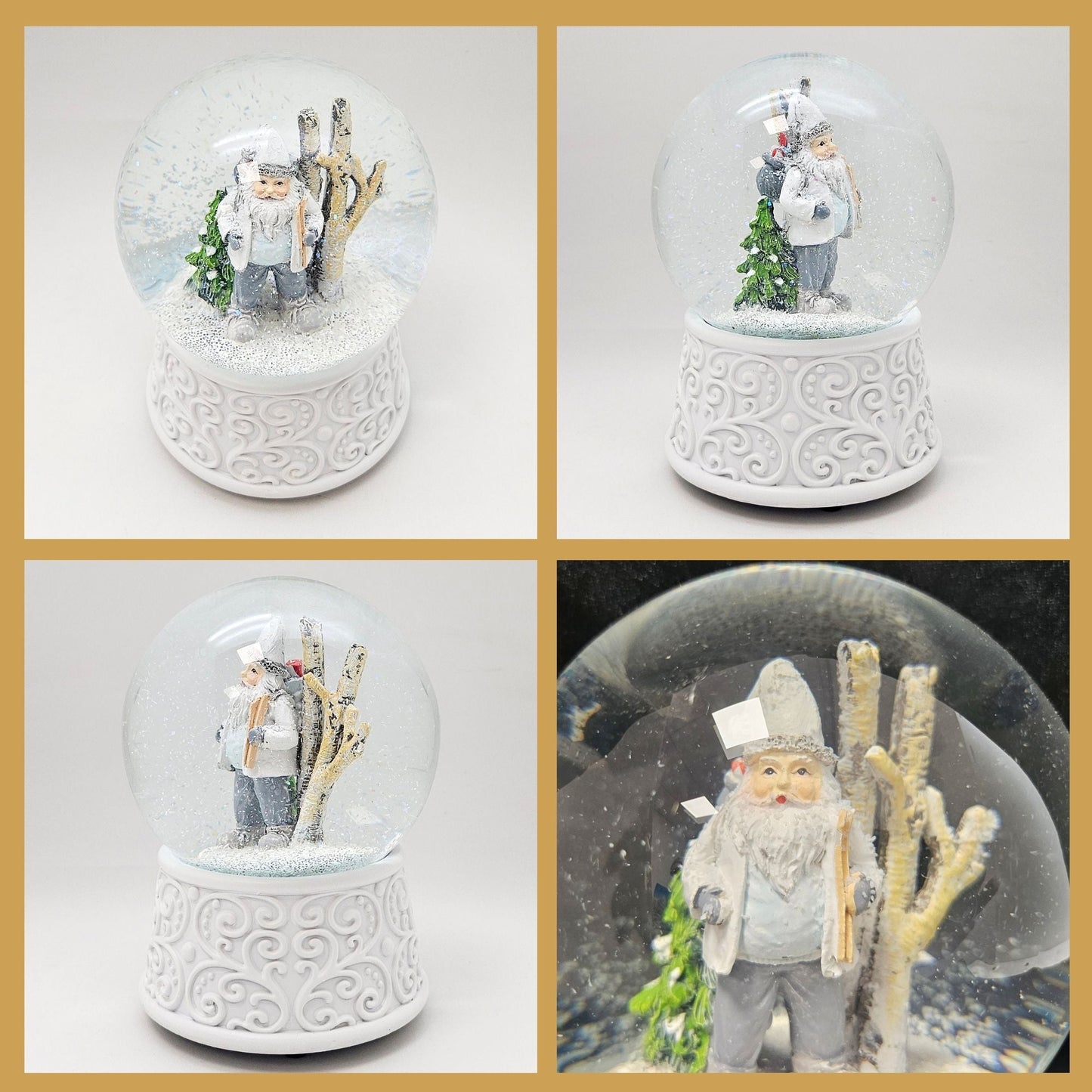 Nostalgische Schneekugel Wichtel weiß grau auf Ornamente 100 mm Durchmesser mit Spieluhr - Schneekugelhaus