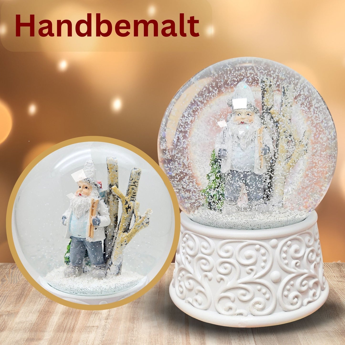 Nostalgische Schneekugel Wichtel weiß grau auf Ornamente 100 mm Durchmesser mit Spieluhr - Schneekugelhaus