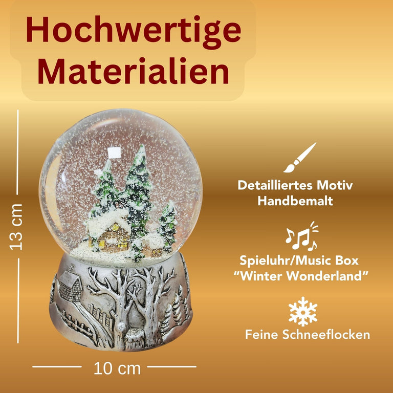 Nostalgische Schneekugel Winterhütte auf Silber Landschaft 100 mm Durchmesser mit Spieluhr - Schneekugelhaus
