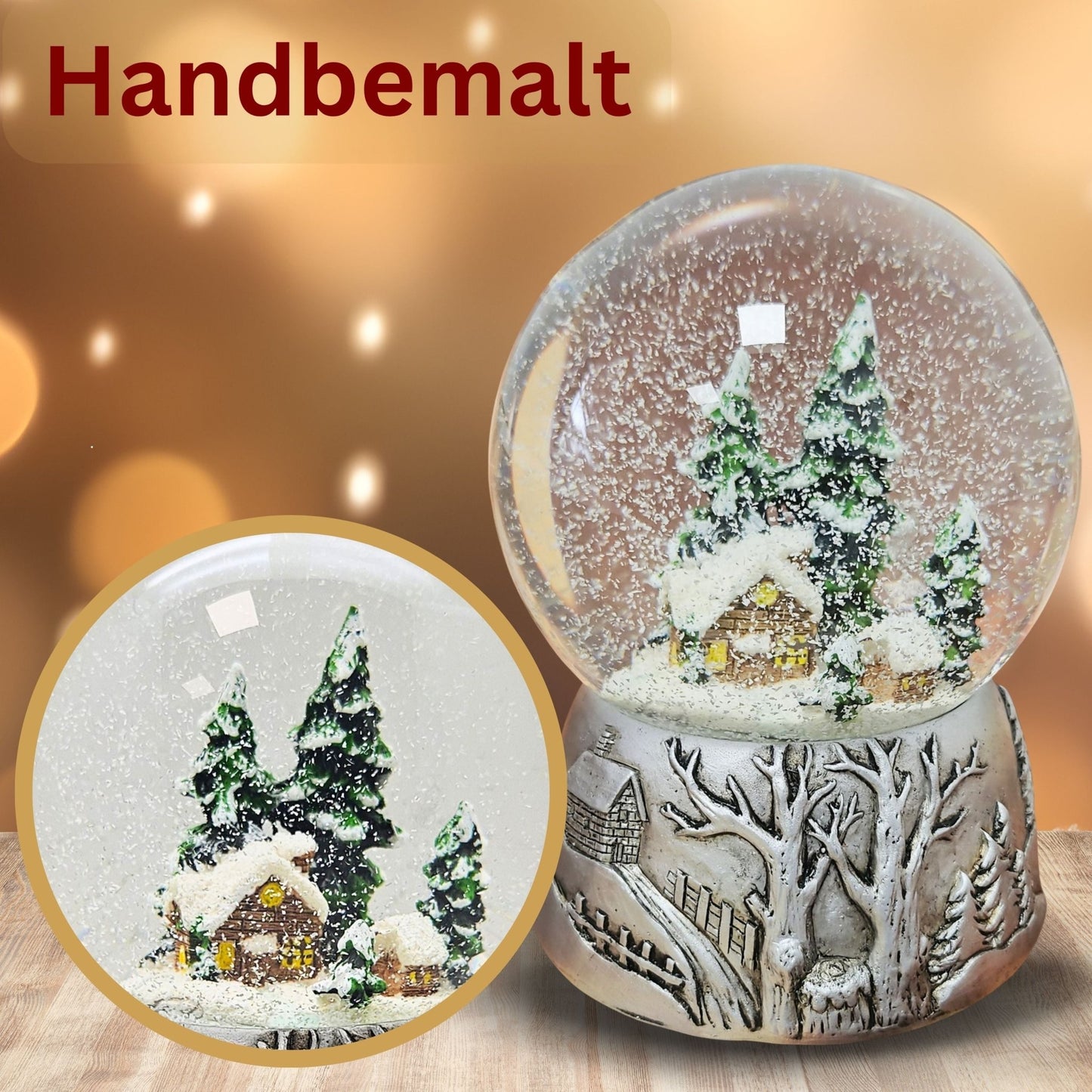 Nostalgische Schneekugel Winterhütte auf Silber Landschaft 100 mm Durchmesser mit Spieluhr - Schneekugelhaus