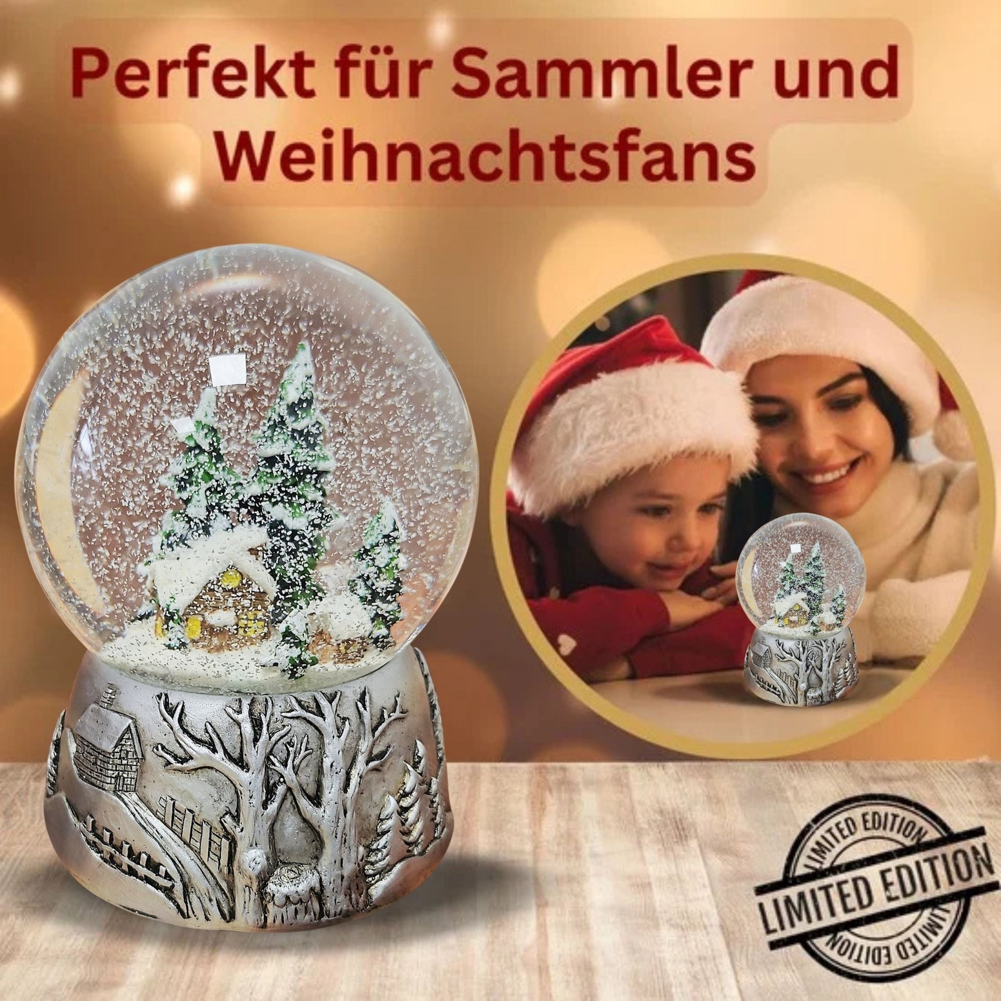 Nostalgische Schneekugel Winterhütte auf Silber Landschaft 100 mm Durchmesser mit Spieluhr - Schneekugelhaus