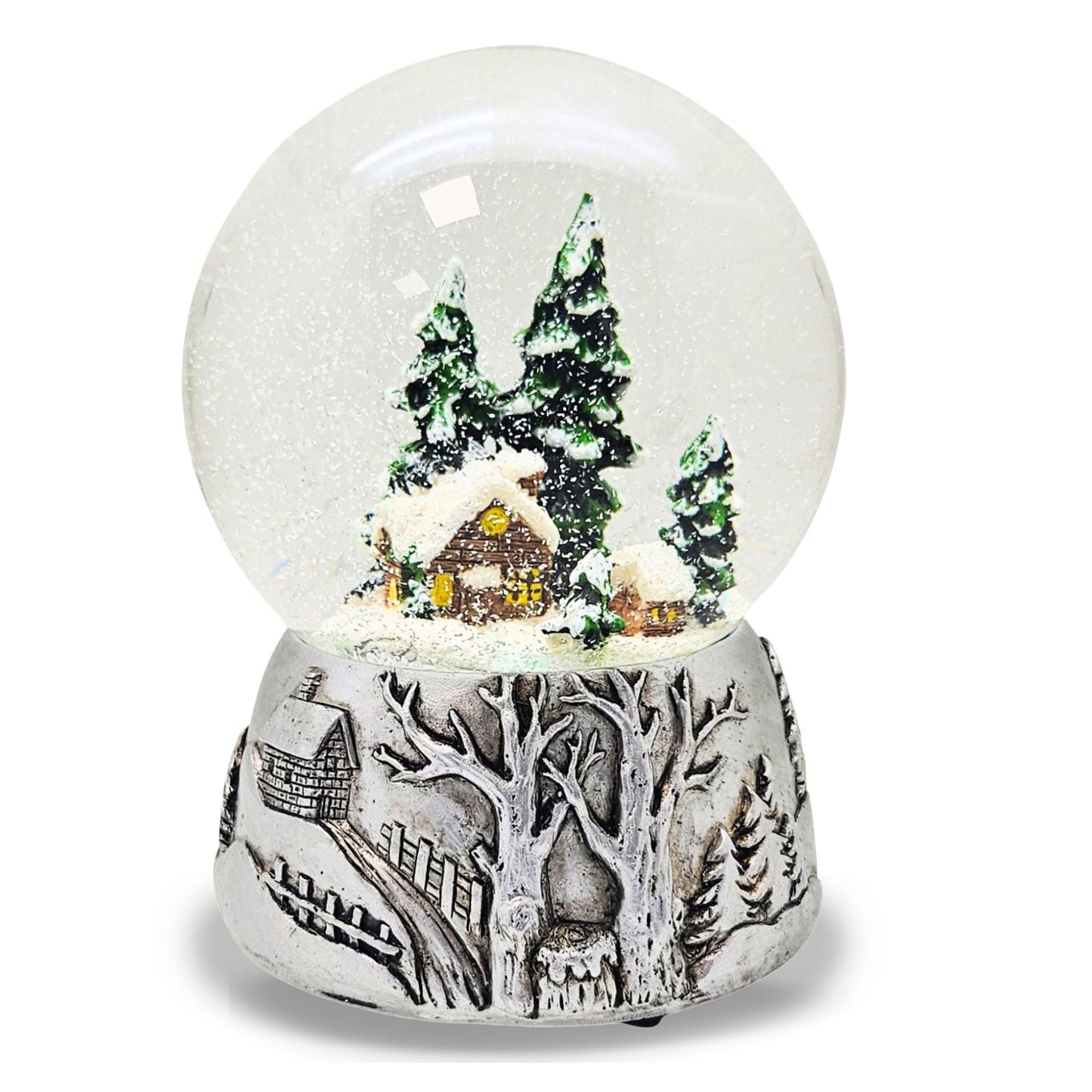 Nostalgische Schneekugel Winterhütte auf Silber Landschaft 100 mm Durchmesser mit Spieluhr - Schneekugelhaus