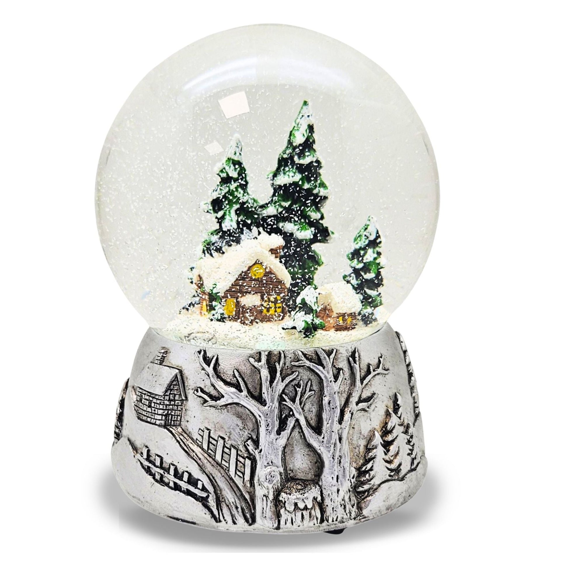 Nostalgische Schneekugel Winterhütte auf Silber Landschaft 100 mm Durchmesser mit Spieluhr - Schneekugelhaus