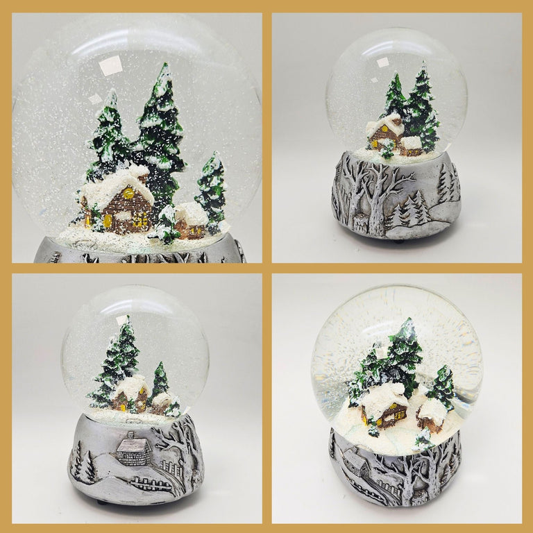 Nostalgische Schneekugel Winterhütte auf Silber Landschaft 100 mm Durchmesser mit Spieluhr - Schneekugelhaus