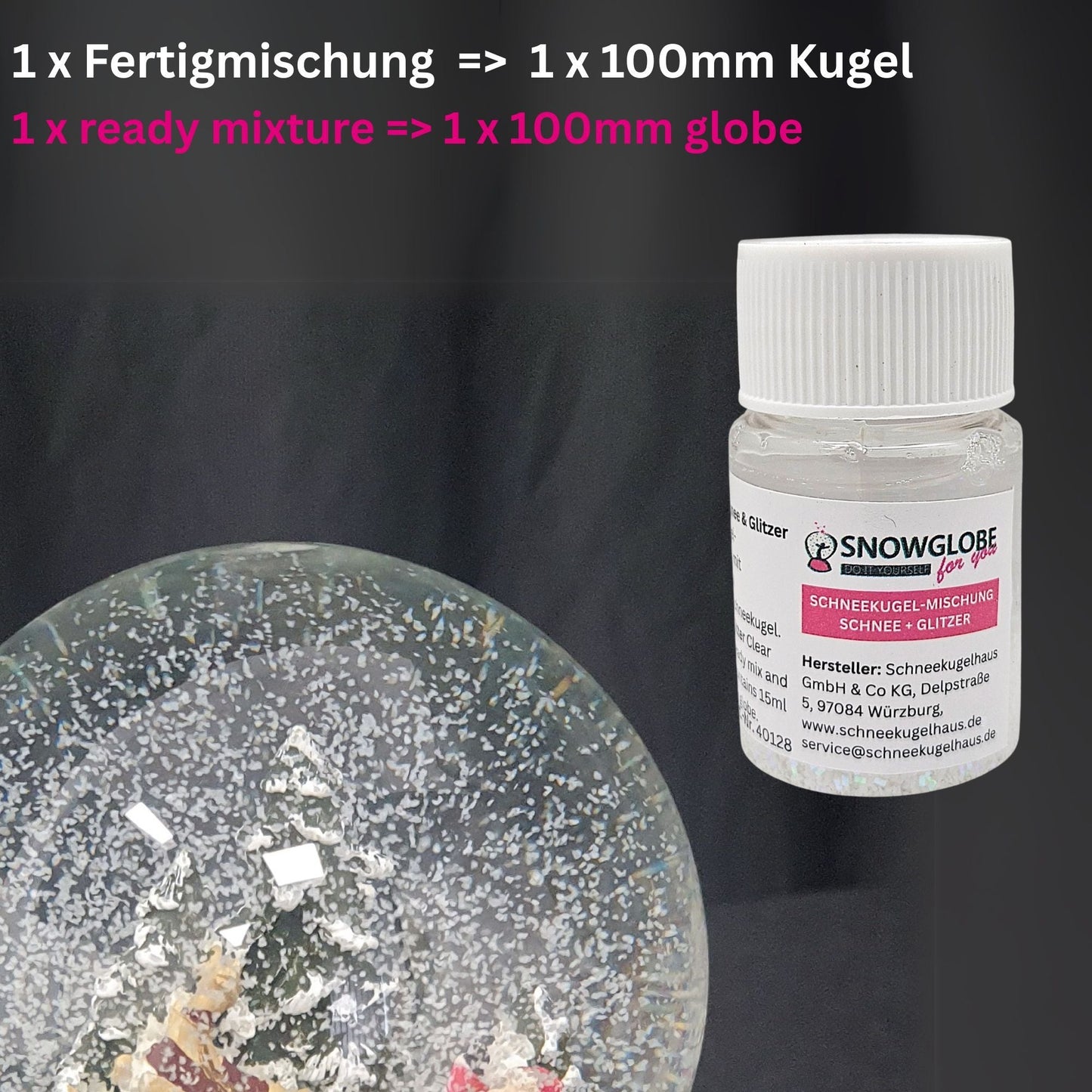Schneekugel - Fertigmischung mit Wasserklar, feinem Schnee & Glitzer - Schneekugelhaus