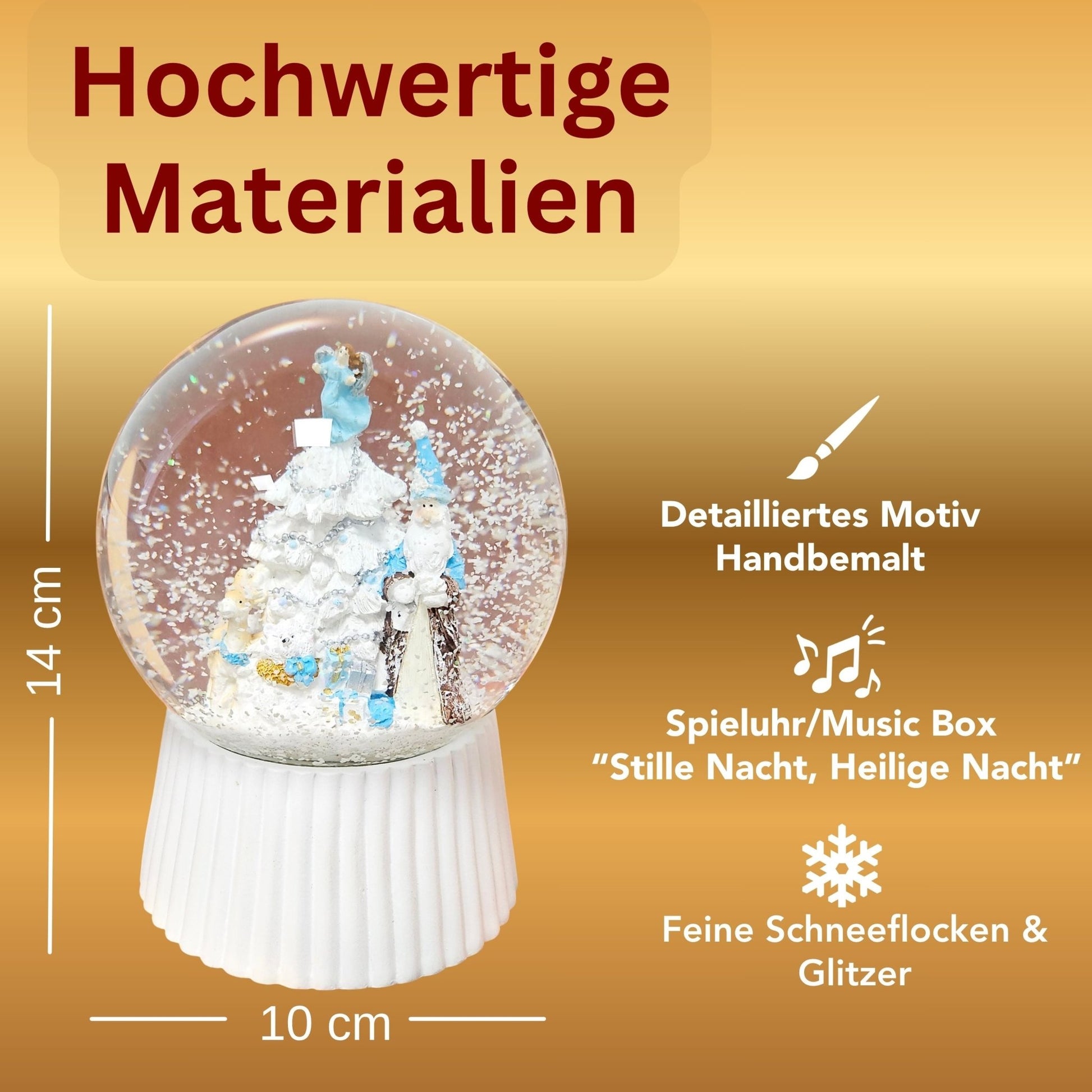 Schneekugel Weihnachtsmann mit Spieluhr, blau silber auf weiß geriffelt - 120 mm Durchmesser - Schneekugelhaus