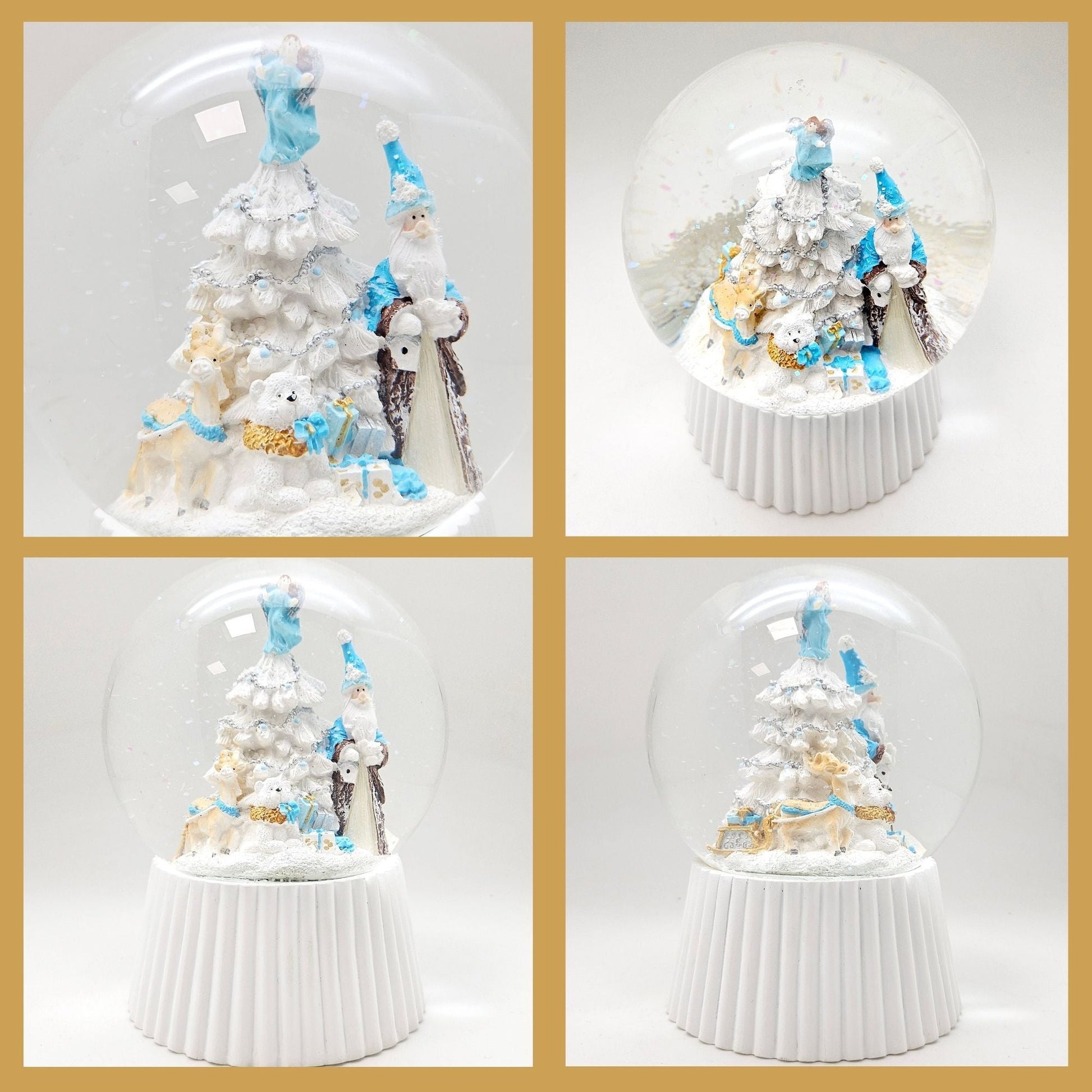 Schneekugel Weihnachtsmann mit Spieluhr, blau silber auf weiß geriffelt - 120 mm Durchmesser - Schneekugelhaus