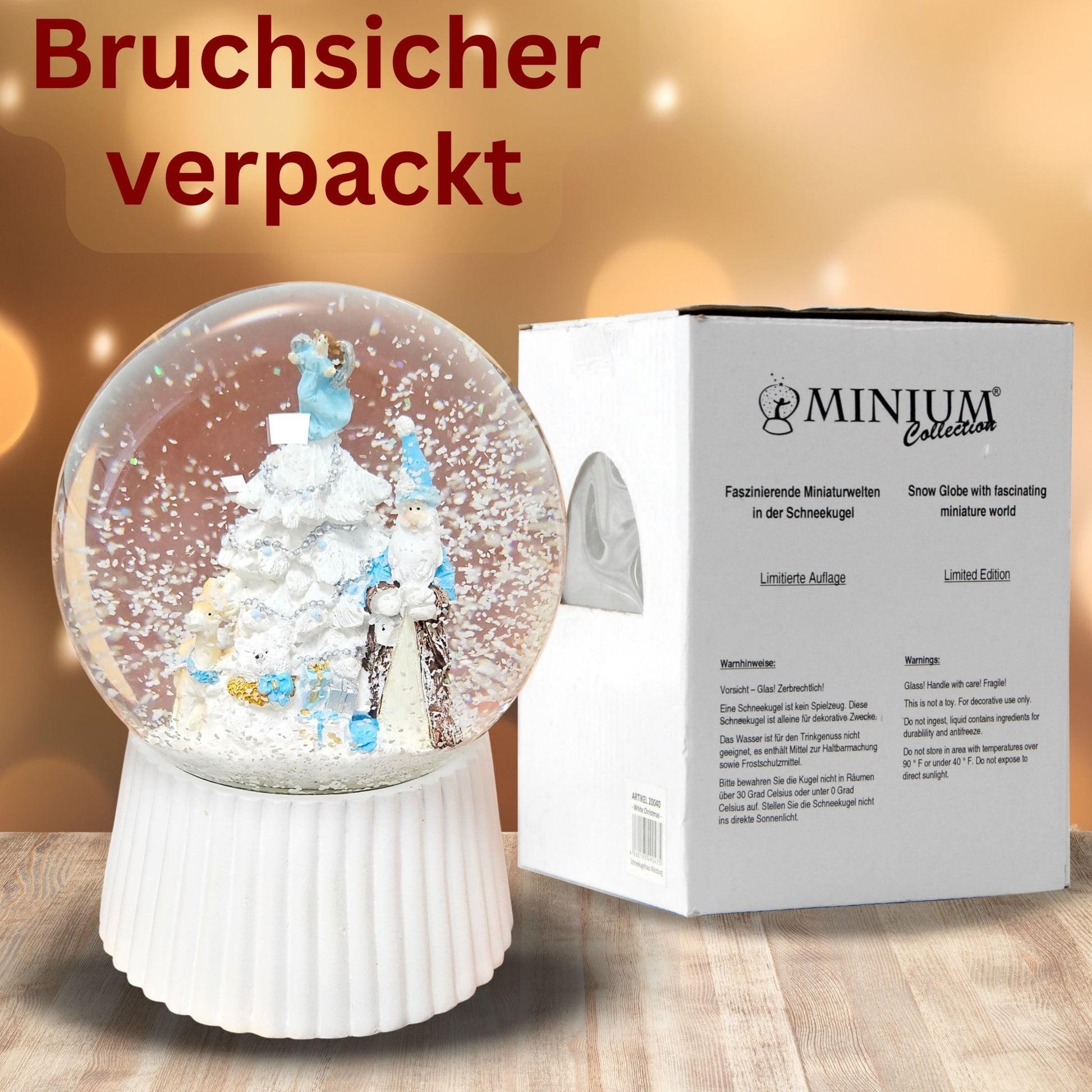 Schneekugel Weihnachtsmann mit Spieluhr, blau silber auf weiß geriffelt - 120 mm Durchmesser - Schneekugelhaus