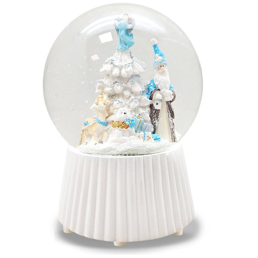 Schneekugel Weihnachtsmann mit Spieluhr, blau silber auf weiß geriffelt - 120 mm Durchmesser - Schneekugelhaus