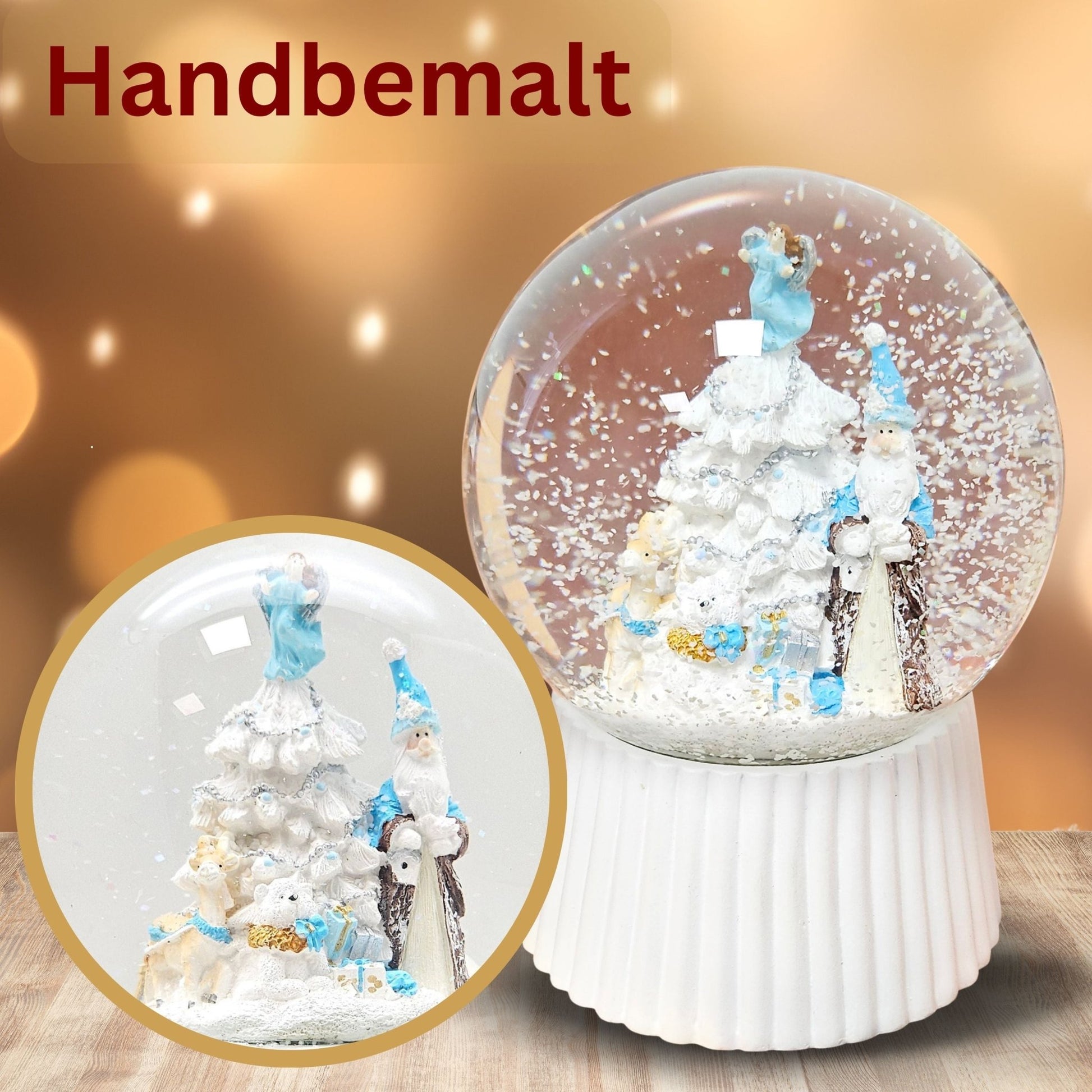 Schneekugel Weihnachtsmann mit Spieluhr, blau silber auf weiß geriffelt - 120 mm Durchmesser - Schneekugelhaus