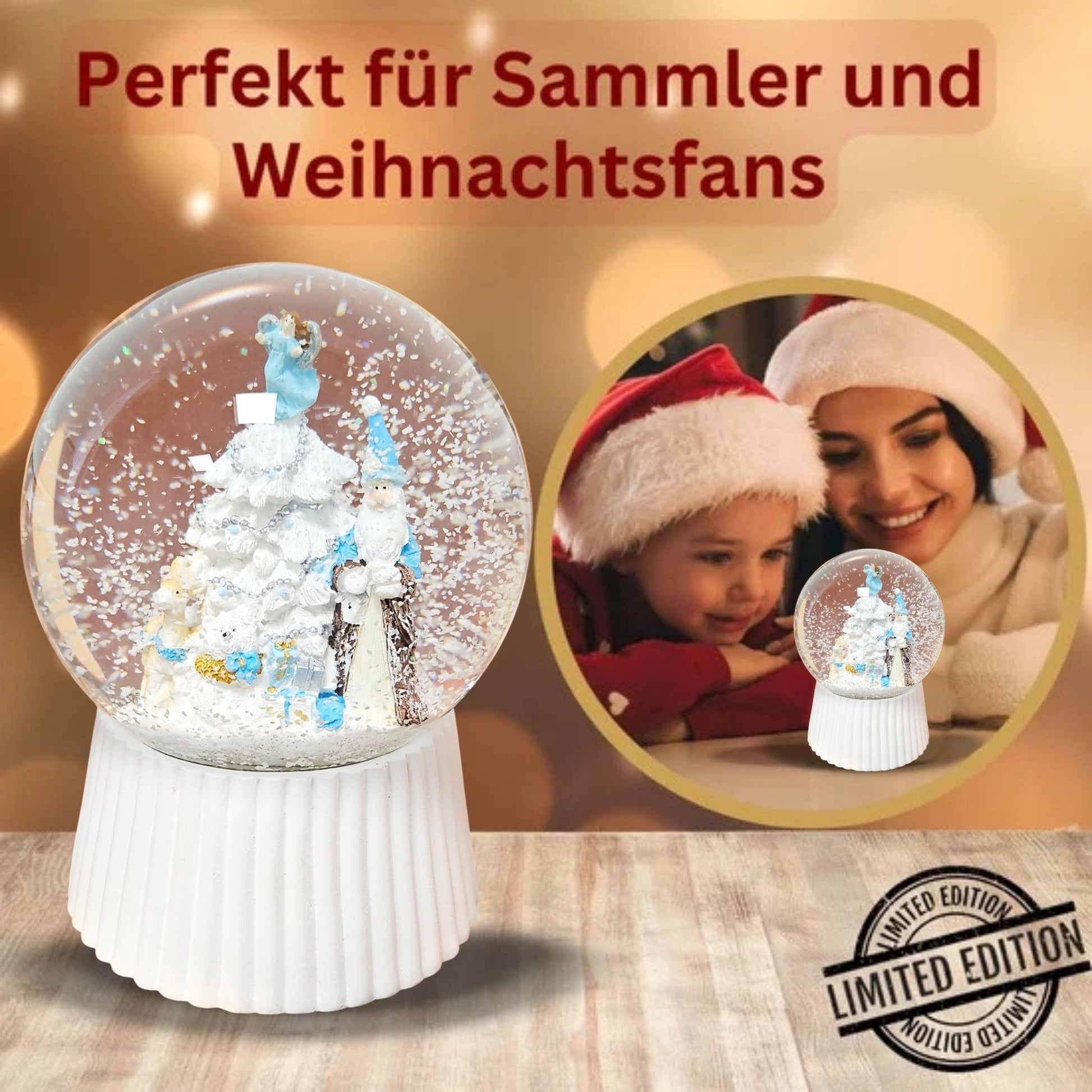 Schneekugel Weihnachtsmann mit Spieluhr, blau silber auf weiß geriffelt - 120 mm Durchmesser - Schneekugelhaus