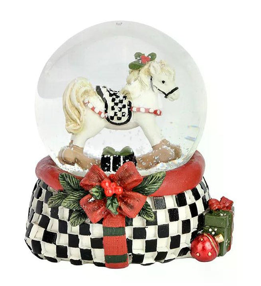 Stylische Schneekugel Schaukelpferd im Karo-Look 65mm Durchmesser - Schneekugelhaus