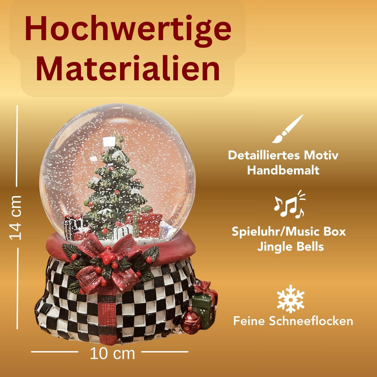 Stylische Schneekugel Weihnachtsbaum Geschenke Karomuster 100 mm Durchmesser mit Spieluhr - Schneekugelhaus