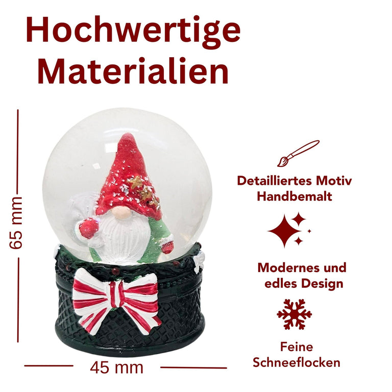 Süße Mini-Schneekugel Weihnachtswichtel Geschenkesack auf Sockel grün B: 45mm - Schneekugelhaus