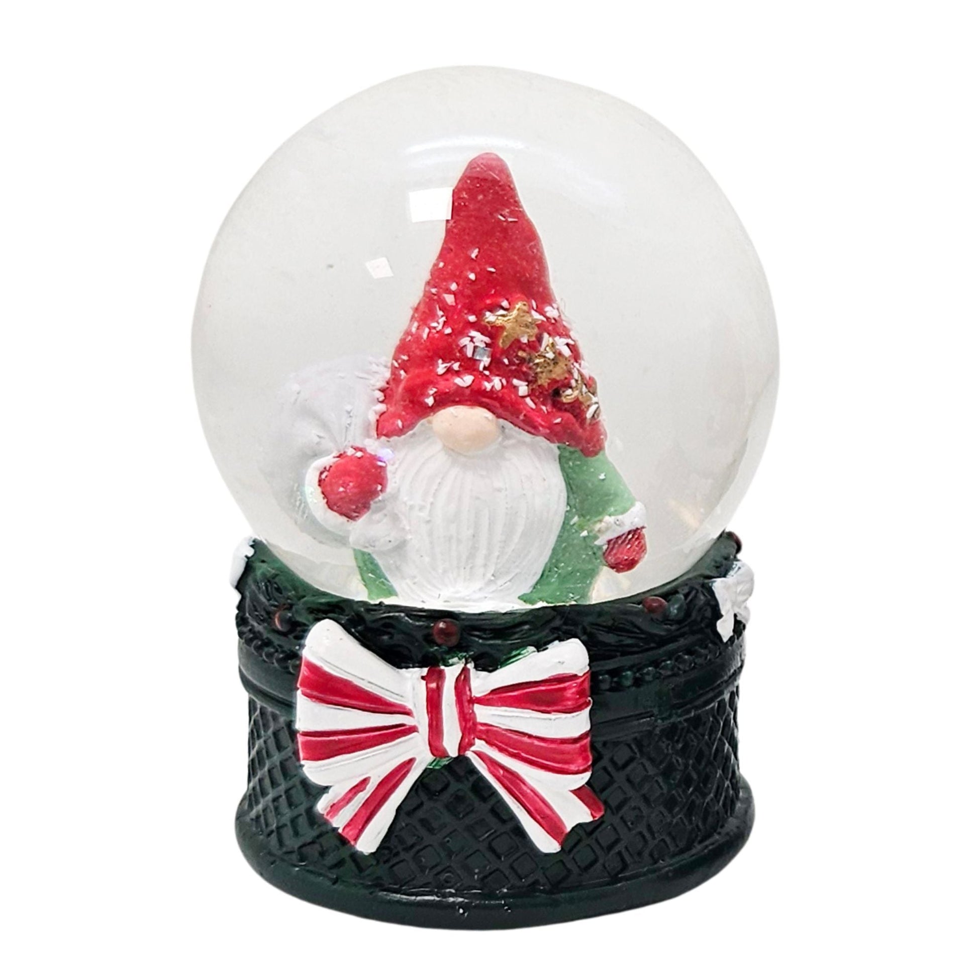 Süße Mini-Schneekugel Weihnachtswichtel Geschenkesack auf Sockel grün B: 45mm - Schneekugelhaus