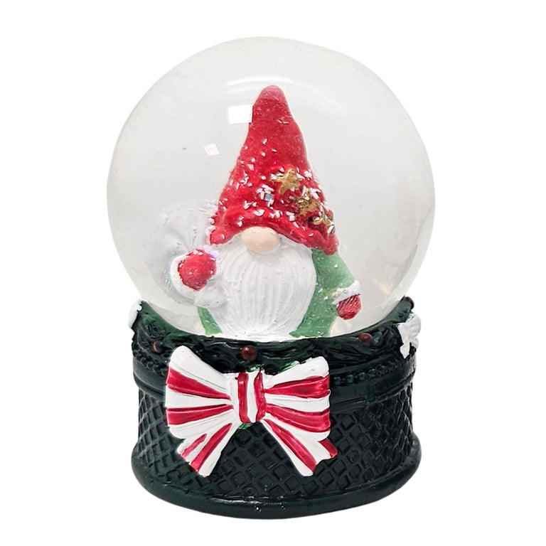 Süße Mini-Schneekugel Weihnachtswichtel Geschenkesack auf Sockel grün B: 45mm - Schneekugelhaus