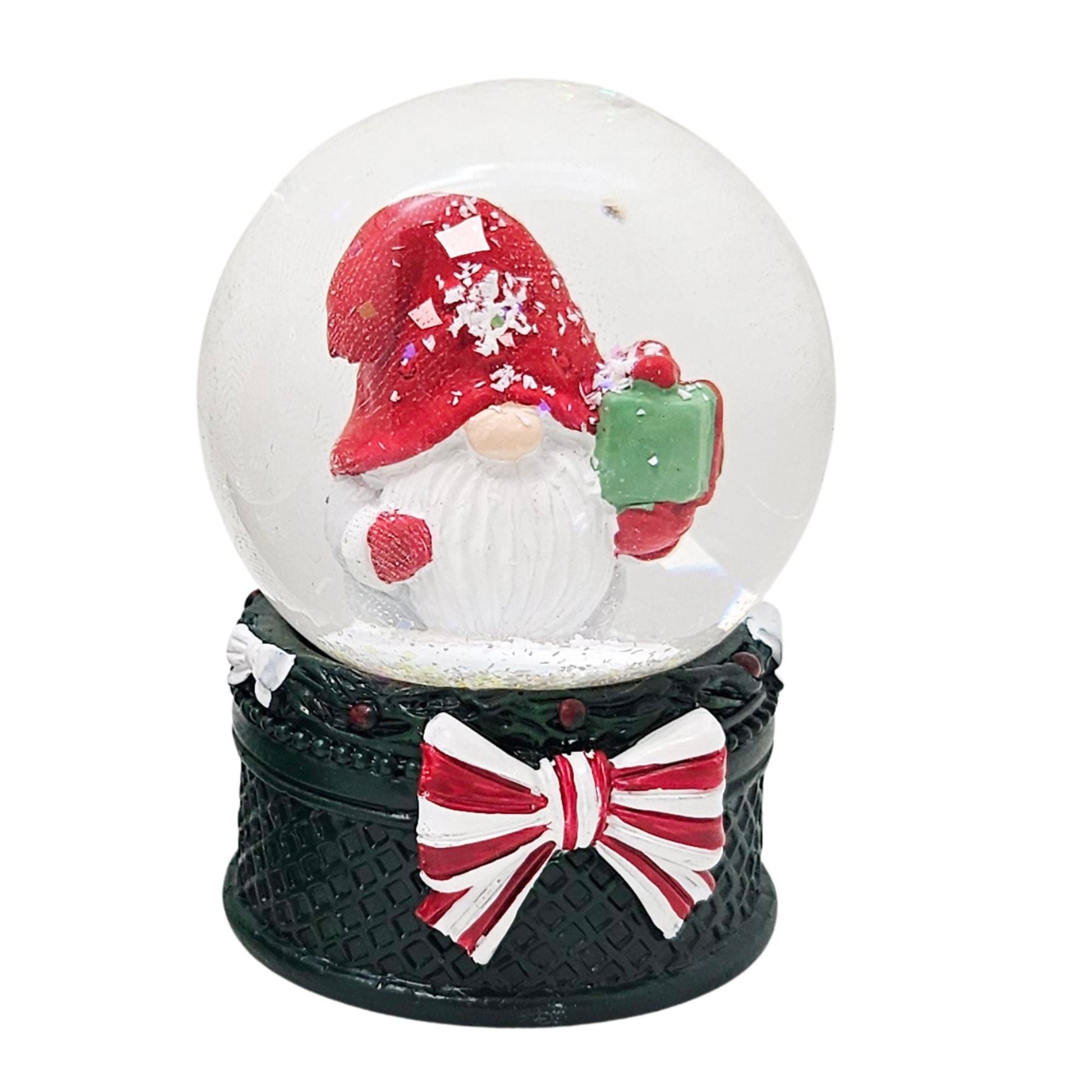 Süße Mini-Schneekugel Weihnachtswichtel Geschenkpaket auf Sockel grün B: 45mm - Schneekugelhaus