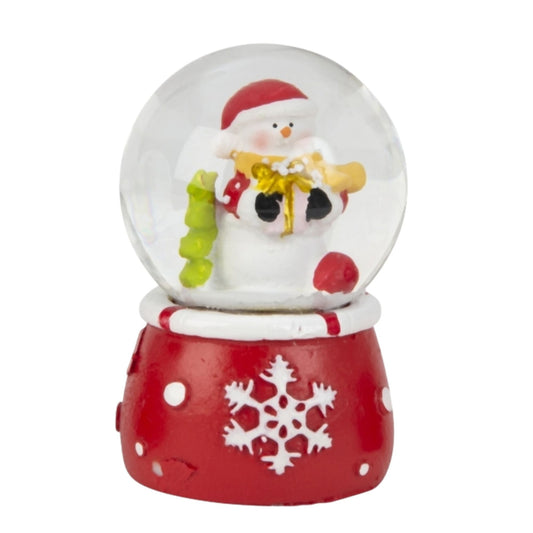 Süße Mini - Schneekugel Schneemann auf Sockel rot weiße Schneeeflocke B: 45mm - Schneekugelhaus