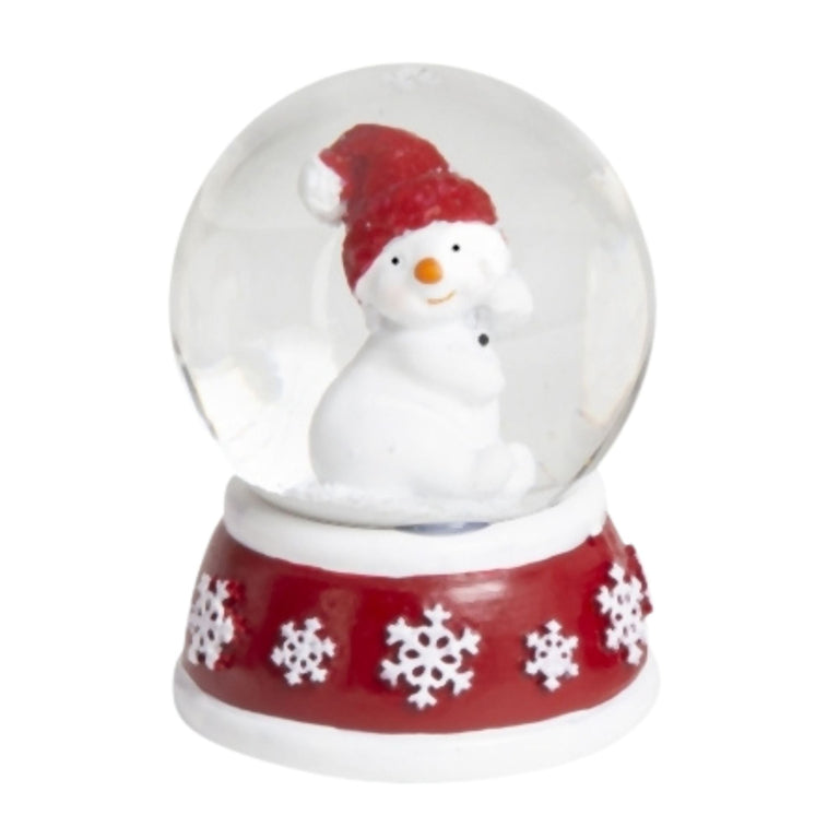 Süße Mini - Schneekugel Schneemann dreht sich auf Sockel rot weiße Schneeeflocke B: 45mm - Schneekugelhaus