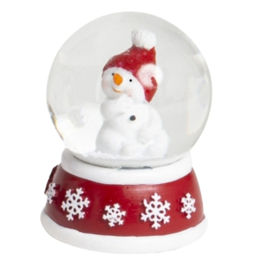 Süße Mini - Schneekugel Schneemann Hand am Mund auf Sockel rot weiße Schneeeflocke B: 45mm - Schneekugelhaus