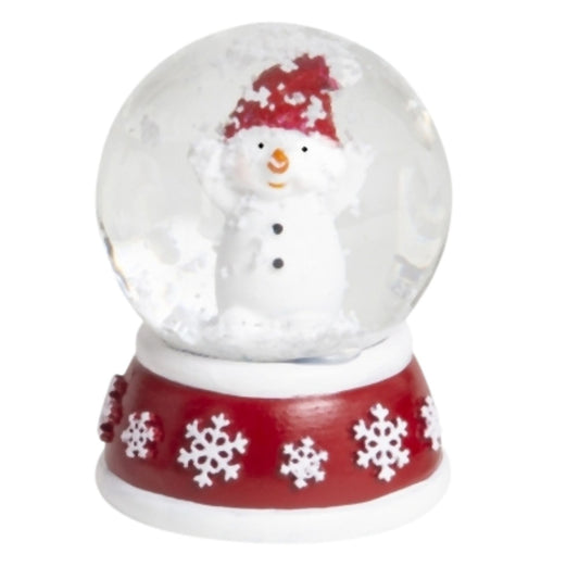 Süße Mini - Schneekugel Schneemann Hände hoch auf Sockel rot weiße Schneeeflocke B: 45mm - Schneekugelhaus