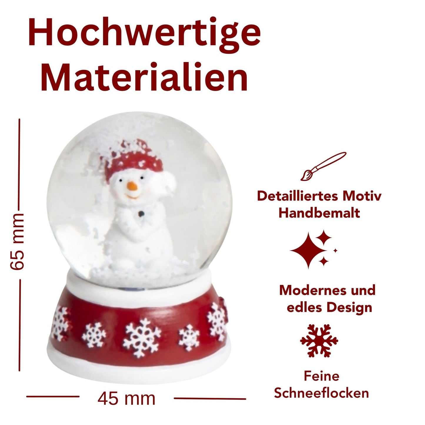 Süße Mini - Schneekugel Schneemann Hände zusammen auf Sockel rot weiße Schneeeflocke B: 45mm - Schneekugelhaus