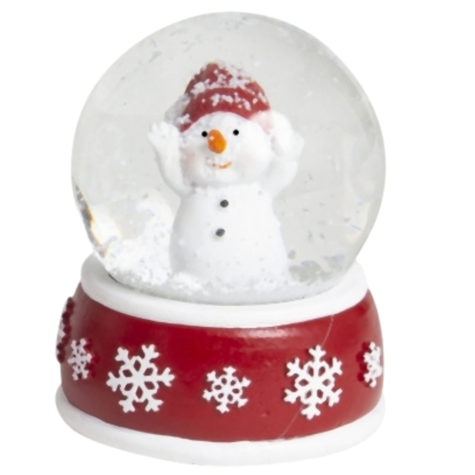 Süße Schneekugel Schneemann Hände hoch auf Sockel rot weiße Schneeflocke B: 65mm - Schneekugelhaus