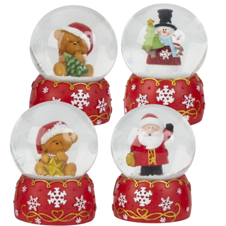 Süße Schneekugel Weihnachtsteddy goldener Stern auf Sockel rot weiße Schneeflocke B: 65mm - Schneekugelhaus