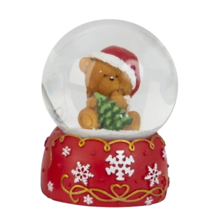 Süße Schneekugel Weihnachtsteddy Tannenbaum auf Sockel rot weiße Schneeflocke B: 65mm (Kopie) - Schneekugelhaus
